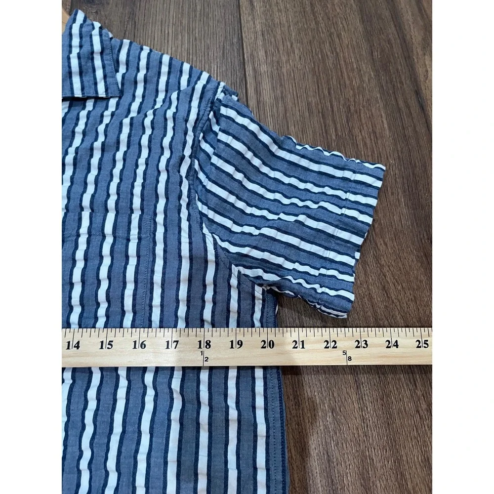 J.Crew Mens Seersucker Stripe Short Sleeve Camp Shirt Navy Blue White Size M